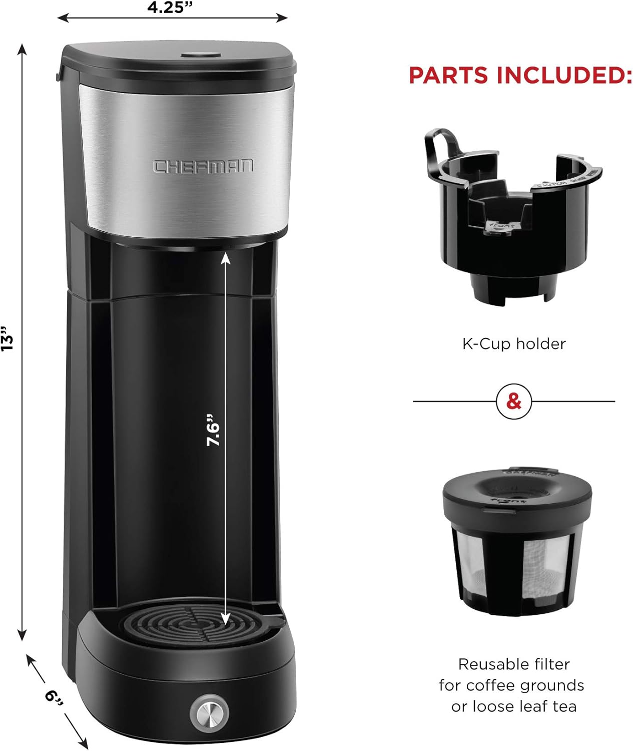 Chefman InstaCoffee Single Serve Coffee Maker Brews in 30 Seconds, Compatible with K-Cup Pods, Grounds and Loose-Leaf Tea w/ Reusable Filter, Compact 14 oz, Black/Stainless Steel, Mug Not Included: Kitchen & Dining