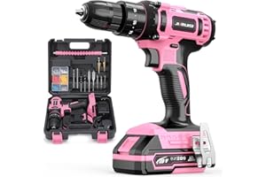 JIARUISI 20V Cordless Drill, Electric Power Drill Set with Battery Charger, 3/8” Keyless Chuck, 2 Variable Speed, 18+3 Torque, 72pcs Driver Bits and Belt Hook, Pink