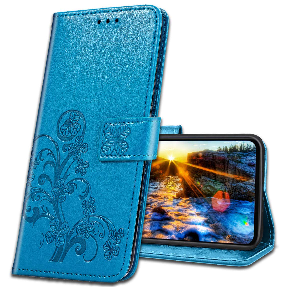 MRSTER Xiaomi Redmi Note 8T Wallet Case Leather, Premium PU Embossed Design Magnetic Closure Protective Cover with Card Slots for Xiaomi Redmi Note 8T. Luck Clover Blue