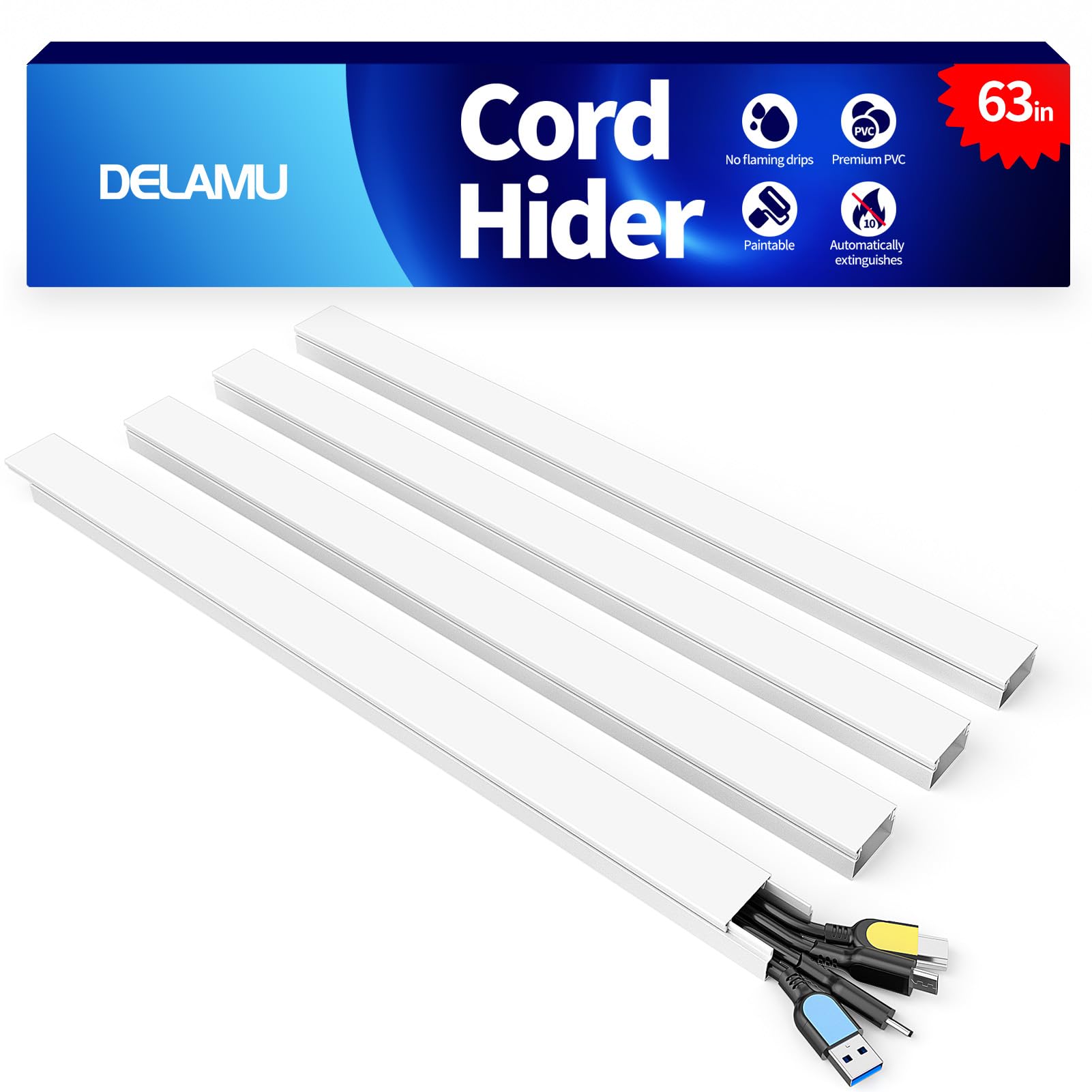 Photo 1 of Delamu Cord Hider, 63in Wire Covers for 3-4 Cords on Wall, Premium Cable Hider Cord Covers for Wires, Cable Management Wire Hiders for TV, Cable Raceway Kit, W1.18x H0.6in, White