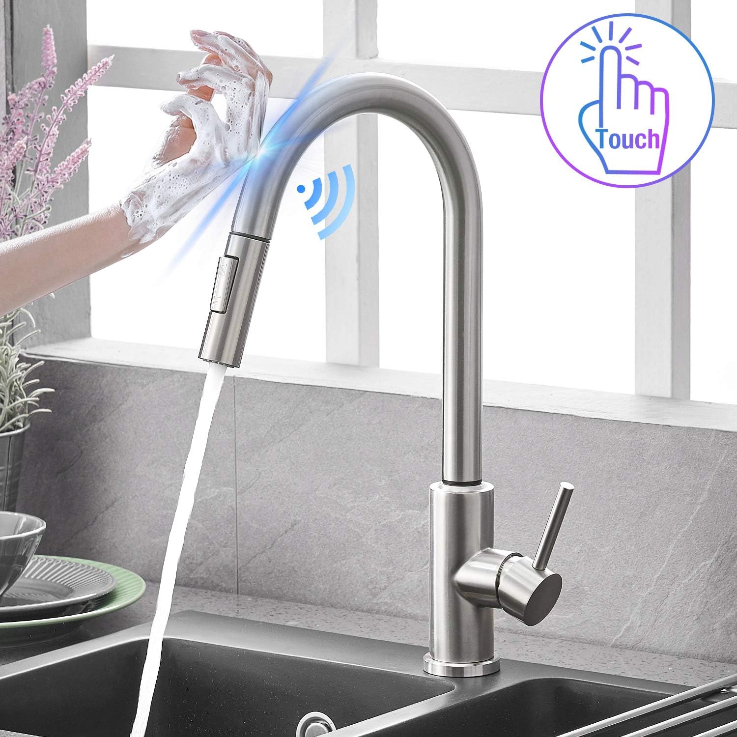 Qomolangma Touch Sensor Kitchen Faucets with Pull Down Sprayer, Single