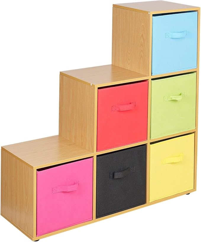 URBNLIVING 6 Cube Beech Step Storage Shelf Unit & 6 Multi Colour