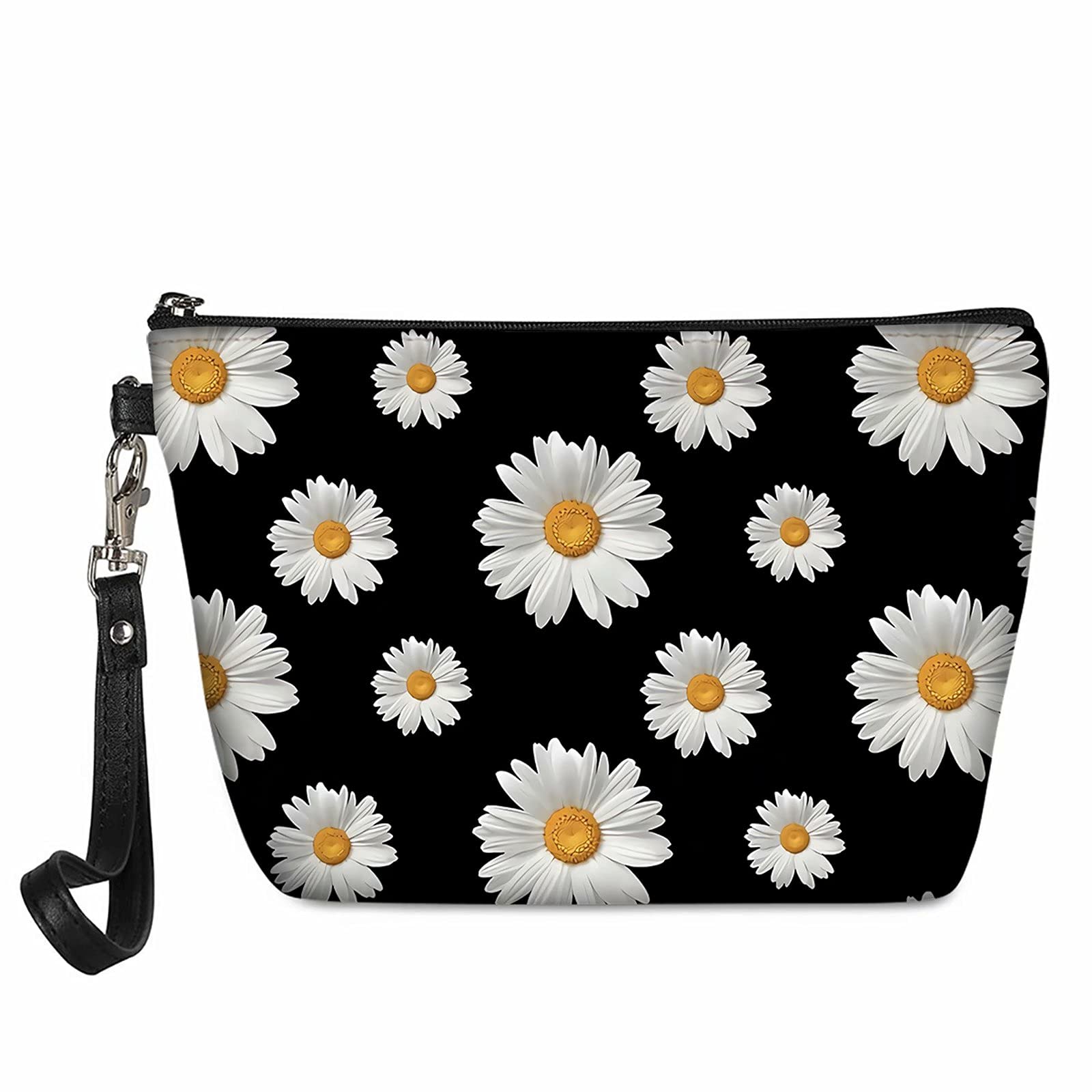 NETILGEN Daisy Floral Leather Handy Storage Cosmetic Pouch Coin Purse Waterproof Clutch Small Makeup Bags Travel Organizer Accessories Toiletry Pouch for Women Teen Girls Gifts