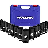 WORKPRO 14-Piece 1/2＂ Drive Deep Impact Socket Set, 6-Point Impact Deep Socket Set with Heavy Duty Storage Case for Automotive and Mechanical Repairs, 10mm-27mm, Cr-V Steel, Metric