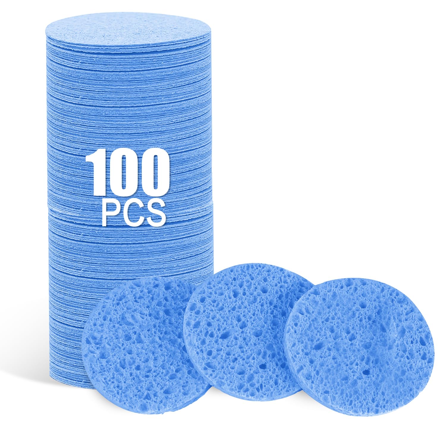 Spunspon 100-Count Facial Sponges Compressed Natural Cellulose Sponge Round Shape Face Sponge for Face Cleansing Exfoliating and Makeup Removal, Blue
