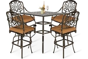 VIVIJASON 5-Piece Bar Height Patio Dining Set, All Weather Cast Aluminum Outdoor Table and Chairs Set with 4 Swivel Bar Stools, Cushions & 35.4" High Bar Table w/Umbrella Hole for Deck, Lawn, Garden