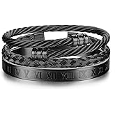 YADOCA 3Pcs Stainless Steel Bracelets for Men Roman Numeral Bangle Bracelet Adjustable Cuff Bracelet Twisted Cable Bracelet Mens Luxury Bracelets Jewelry Gifts Gold/Silver/Black