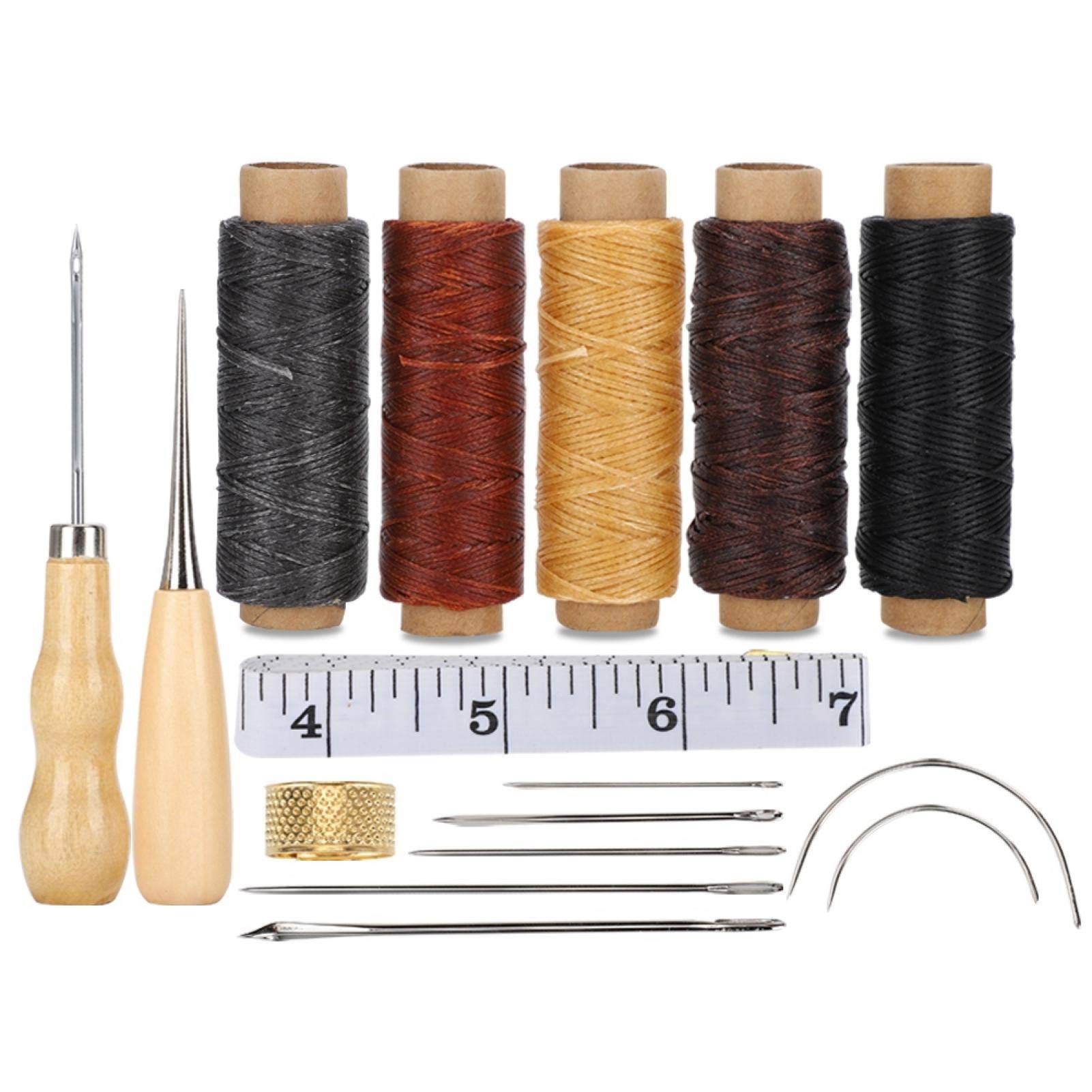 Leather Craft Tools Kit, Leather Sewing Kit，5 Rolls of Leather Wax Thread Awl Thimble for Handmade DIY Bookbinding Crafts and Sewing Supplies