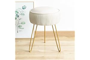 LUE BONA Pleated Vanity Stool, Velvet Upholstered Vanity Stool for Makeup Room, Round Stool for Vanity, Ottoman Footrest Stool with Metal Legs for Living Room, Bedroom, White