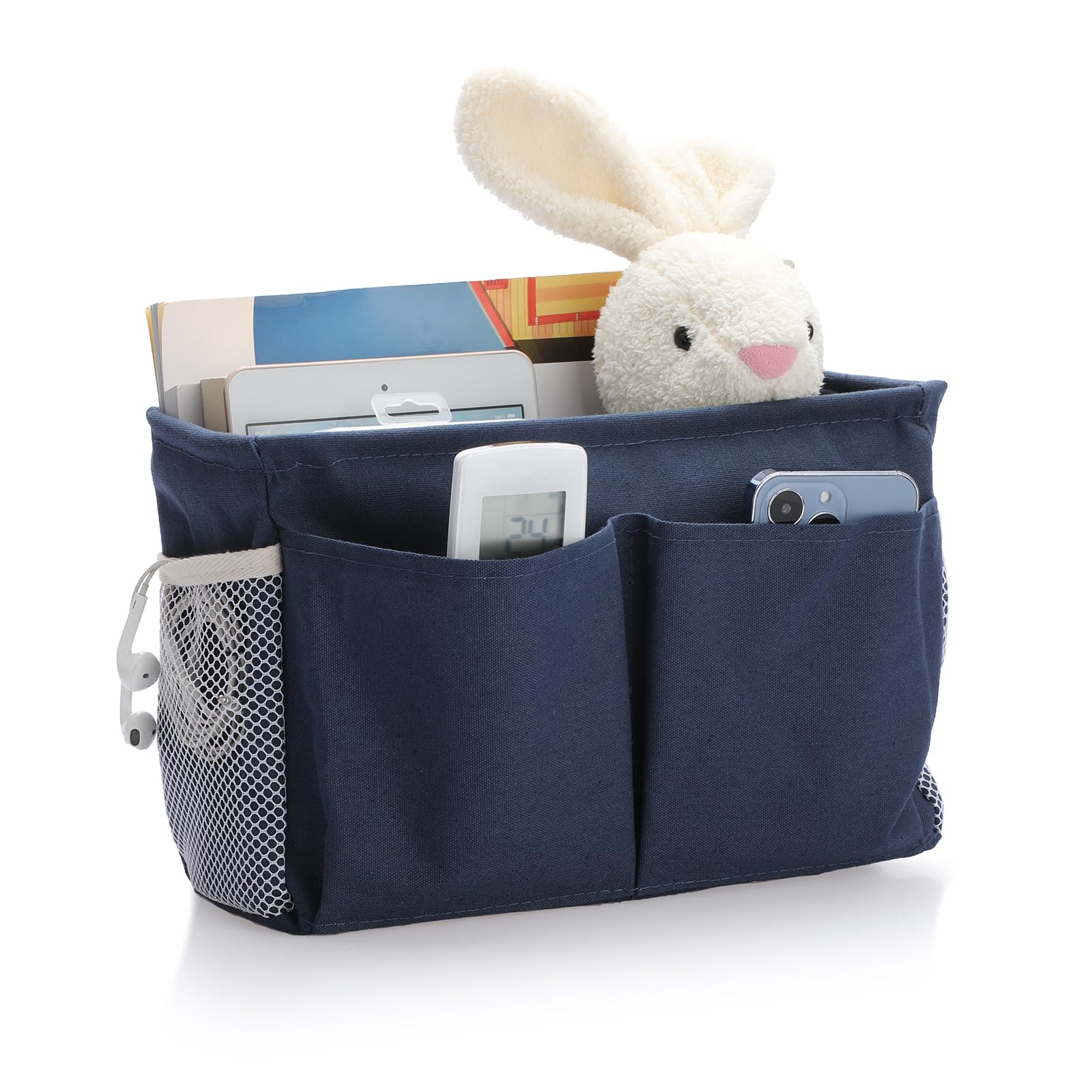 IGNPION Canvas Bedside Hanging Storage Bed Pockets Baskets-Adjustable Hanging Tape Dormitory Bed Organiser Caddy Mulit-purpose Hanging Storage Bag for Home Office School Dorm Hospital Dark Blue