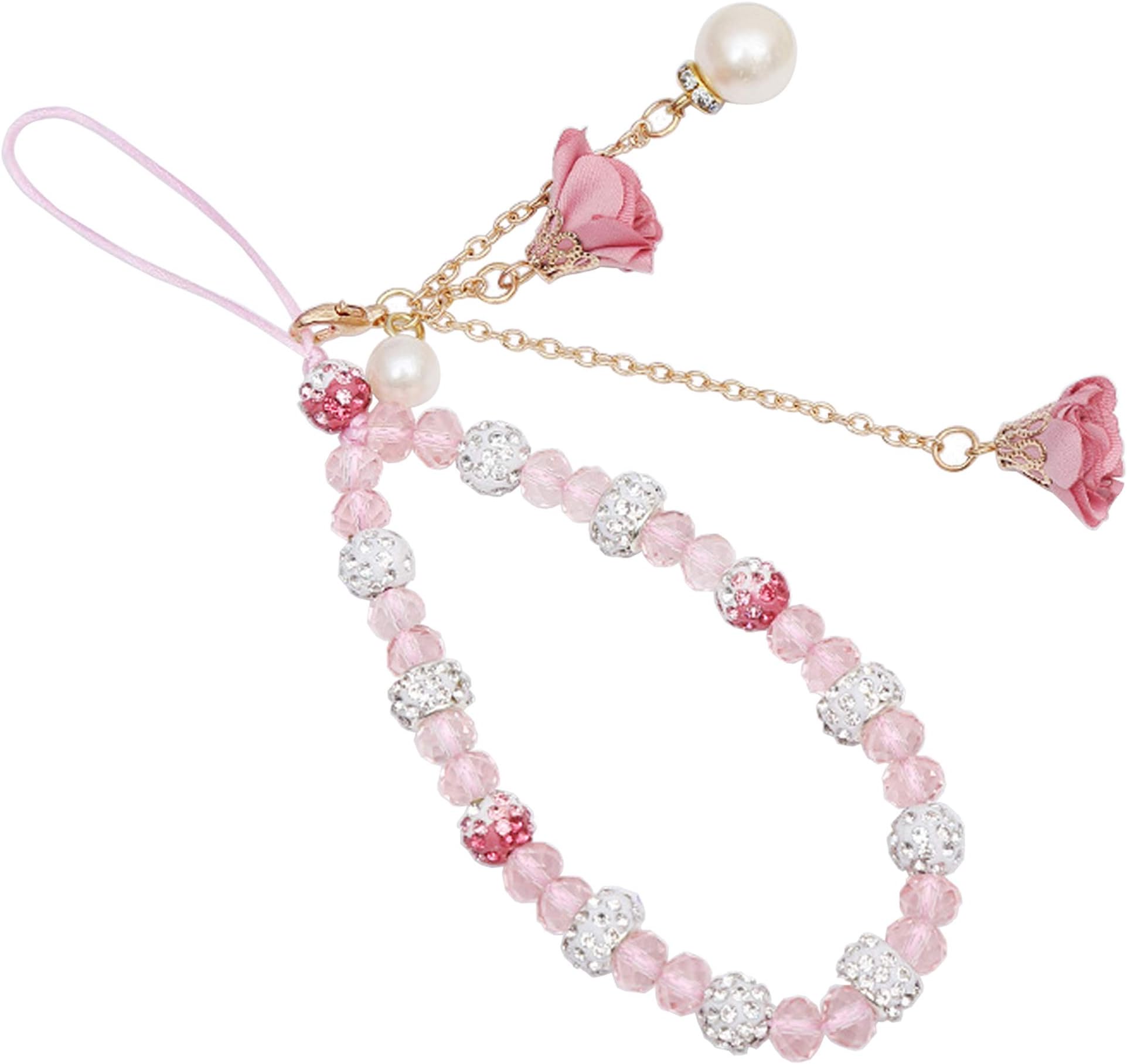 Selenite Crystal Hand Wrist Lanyard with Pendants of Artificial Flowers and Imitation Pearls (Pink)
