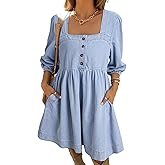 Sidefeel Women's Spring Outfit Denim Dress 3/4 Sleeve Loose Fit Square Neck Summer Jean Dresses with Pockets