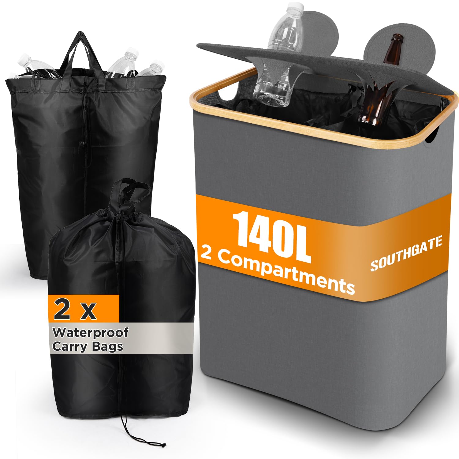 SOUTHGATE 140L Recycling Bins for Kitchen with 2 Compartments, Extra Large Deposit Bottle Bins with Lid, Indoor Home Bottle Storage with 2 Reusable Recycling Bags, Grey