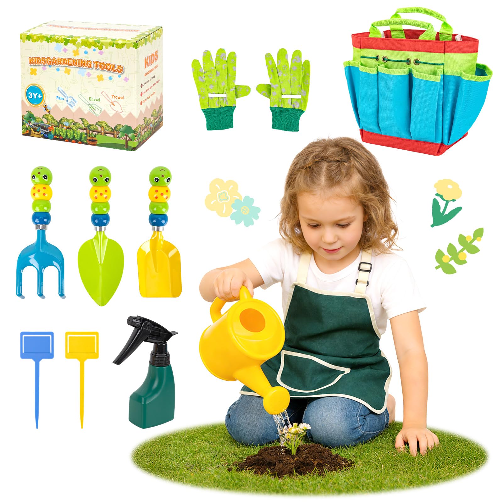 Funsland Kids Garden Tools Set: Gardening Set with Shovel, Watering Can, Gloves, Rake, Apron,Spray Bottle,Outdoor Garden Tool Toy, Gifts for 3+ Year Old Boys Girls