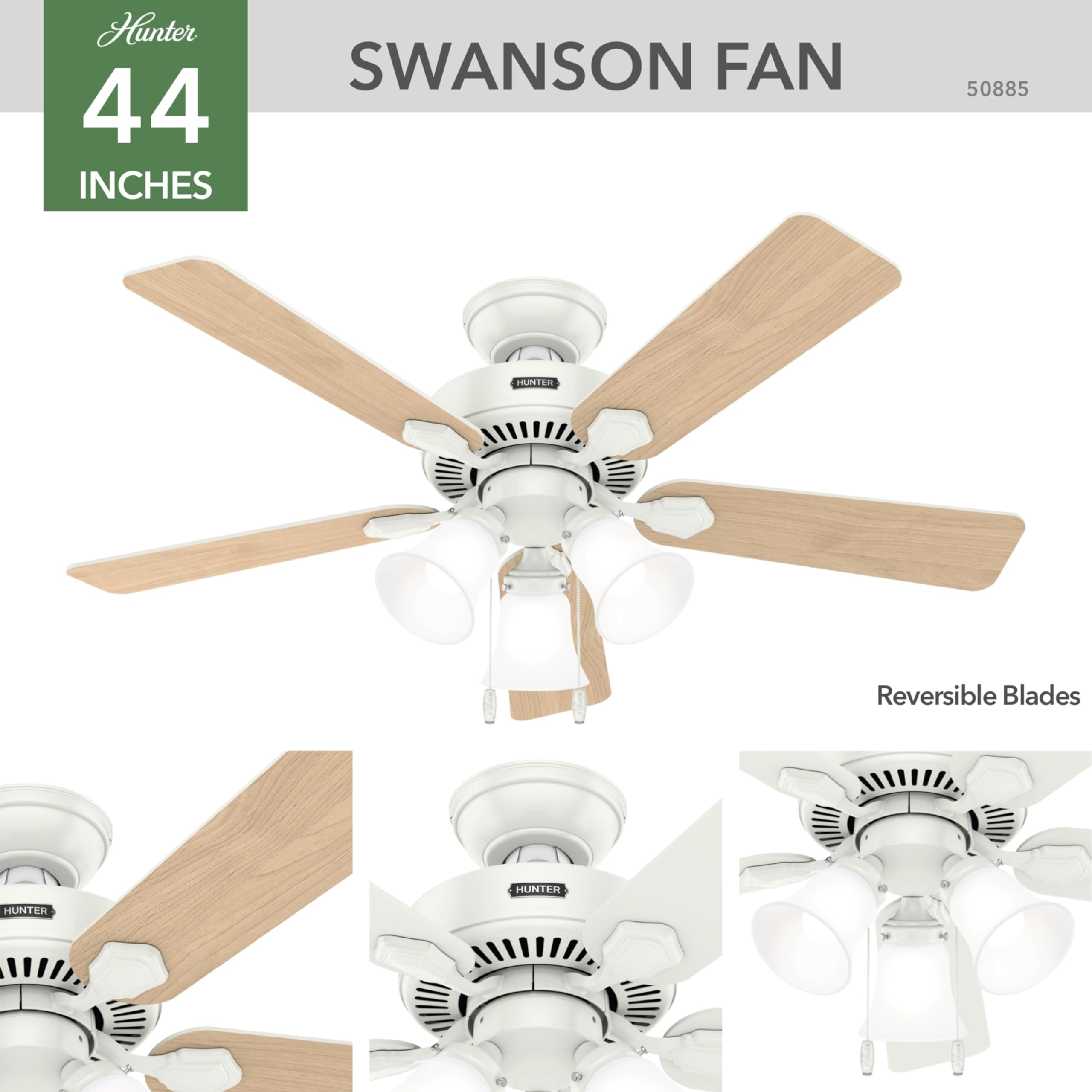 Hunter 44 inch Indoor Ceiling Fan with LED Lights - White Ceiling Fan with Pull Chain, For Bedroom, Living Room, or Kitchen, Standard Mount, No Remote, 5 Blades - Swanson 50885, Fresh White