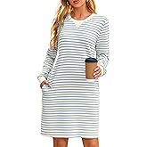 Glamaker Women Tshirt Shift Dress Casual Striped Long Sleeve Crew Neck Knee Length Comfy Midi Dress with Pockets