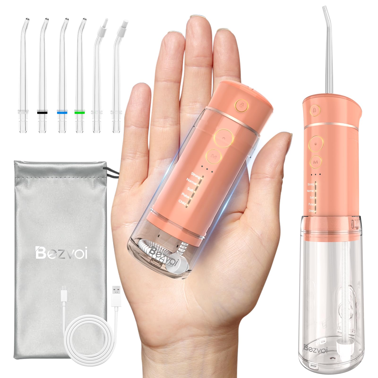 Water Flosser Cordless Travel, Mini Oral Irrigator with Telescopic Water Tank, 5 Modes, 6 Jet Tips, IPX7 Waterproof Electric Portable Water Teeth Cleaner Picks for Braces Bridges Care