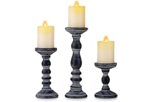 INWEDER Wooden Candle Holders for Pillar Candles - Tall Rustic Candle Holder (Set of 3), Large Farmhouse Candle Holders Candle Stand, Pillar Candle Holder Set for Table Centerpiece, Fireplace, Home, Black