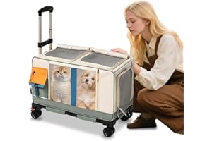Rkrouco Pet Trolley Case for Cat Dogs Foldable Pets Soft Sided Carriers with Four Wheels Cats Rolling Carrier Telescopic Handle and Shoulder Strap (Beige Green)