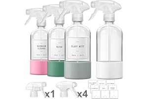 GM GMISUN GMISUN Glass Spray Bottles for Cleaning, Spray Bottles for Cleaning Solutions 16oz, Reusable Spray Bottle for Plants, 4Pack Clear Cleaning Spray Bottle - Upgraded Nozzles, Silicone Sleeve, Labels
