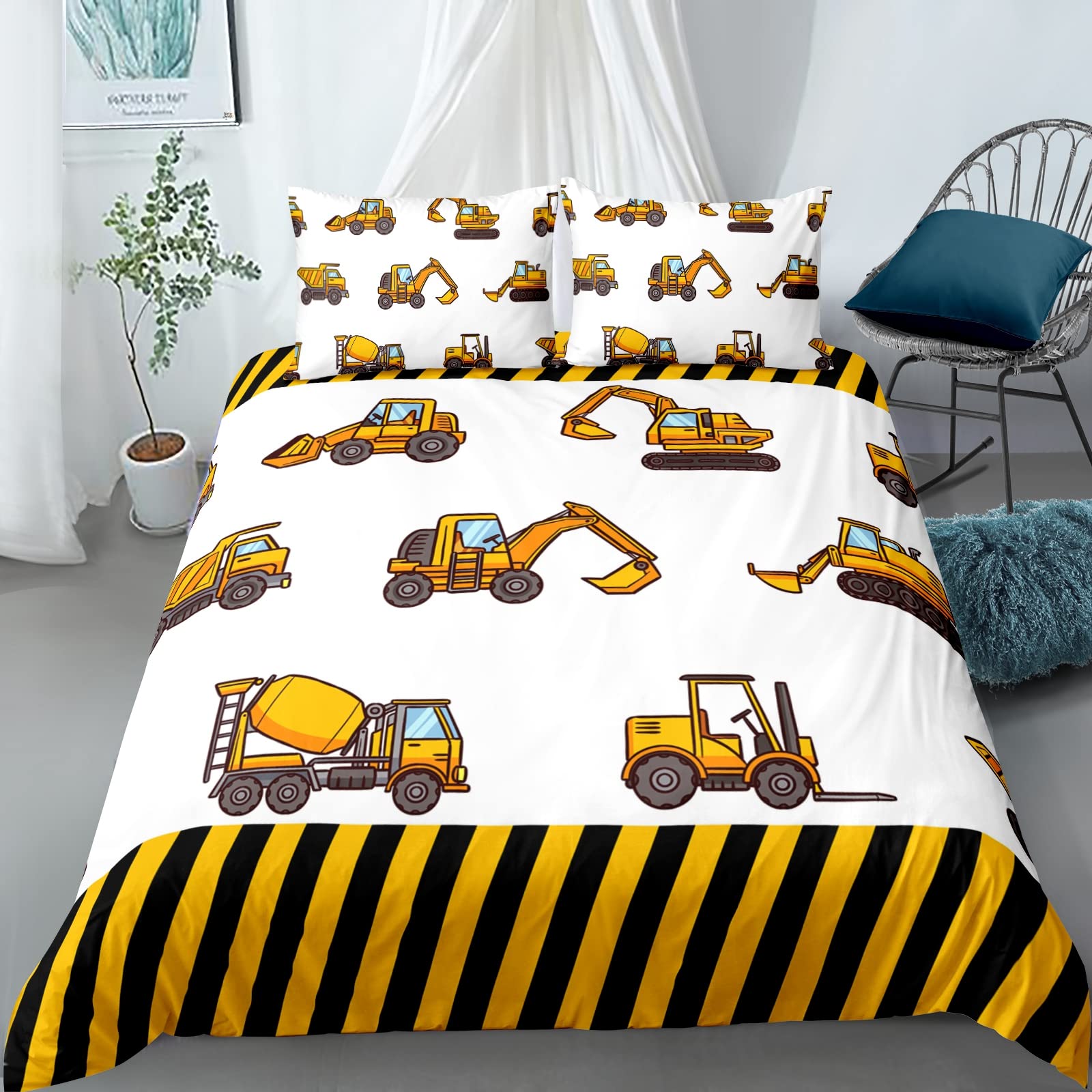 Lunoroey Digger Bedding Duvet Cover Set King Size Excavator Engineering Construction Vehicles Digger Kids Boys Bedding Set with Pilowcase Soft Microfiber Quilt Cover Set