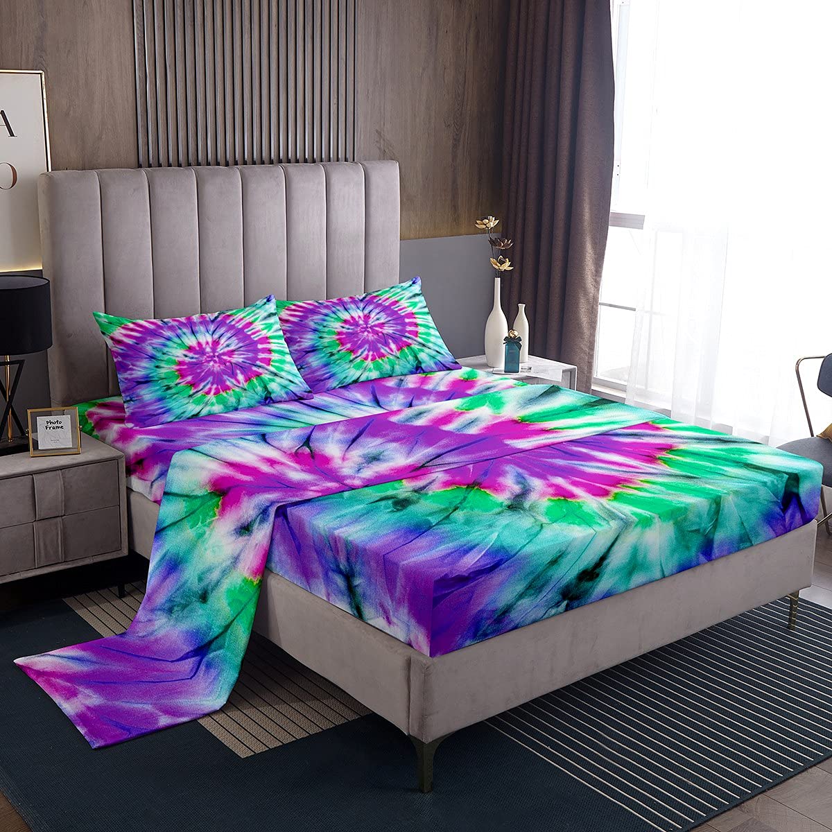 Loussiesd Boho Tie Dye Sheet Set Purple Teal Bohemian Gypsy Bed Sheets Spiral Tie Dye Fitted Sheet 4 Piece Bedding Includes 1 Sheets, 1 Flat Sheet, 2 Pillowcases Wrinkle, Fade Resistant (Double)