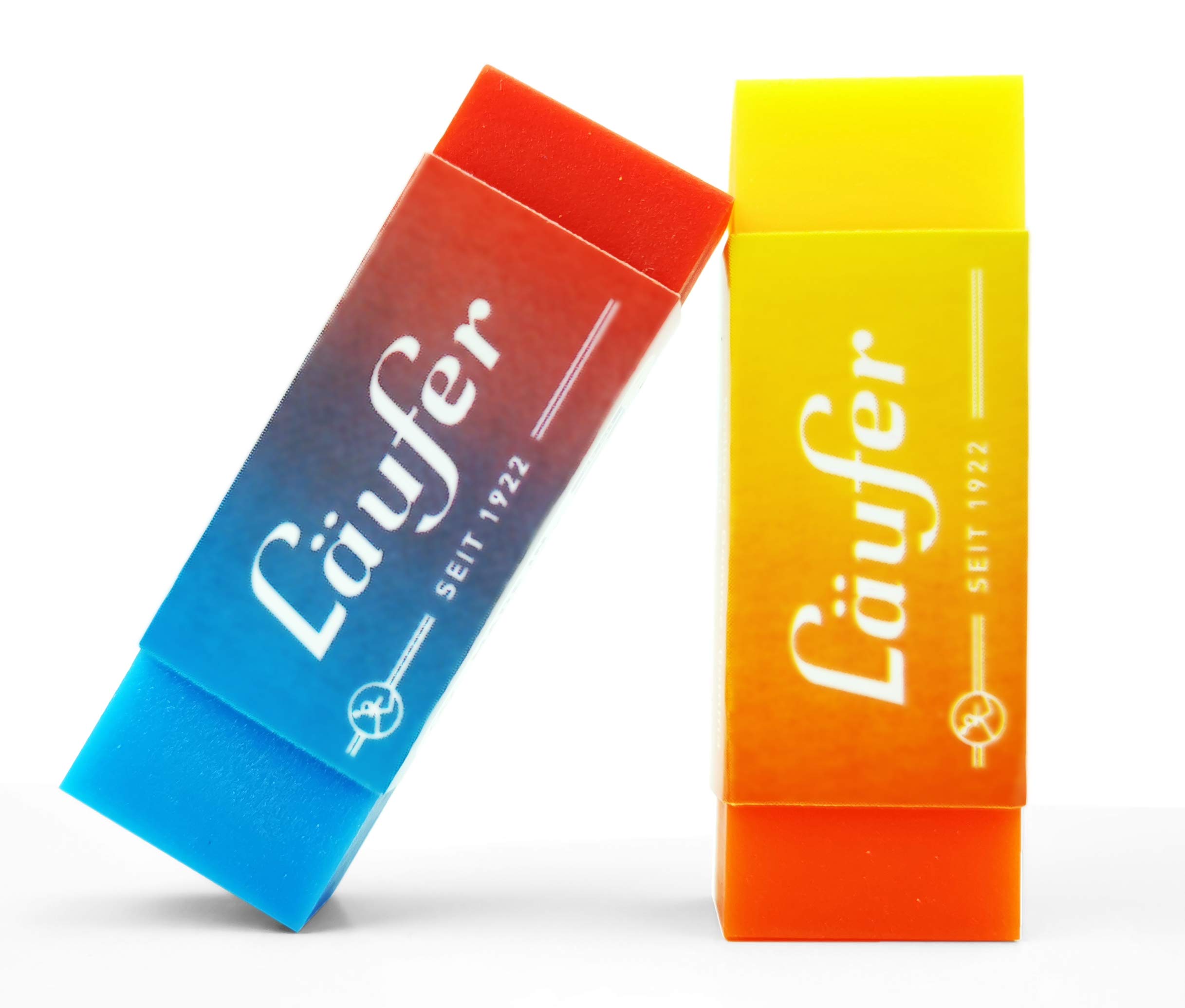 Läufer 69825 Plast Color Eraser Two-Tone Eraser Reliably Erases Pencils and Coloured Pencils Blister Card Contains 2 Erasers for School, Home and Office Two-Tone Orange/Yellow and Red/Blue