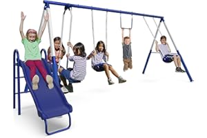 Sportspower Arcadia Metal Swing Set for Kids Ages 3-8 – Trapeze, 2-Person Glider, 5ft Slide, Bonus Anchor Kit – Outdoor Backyard Playset, 600 lb Capacity