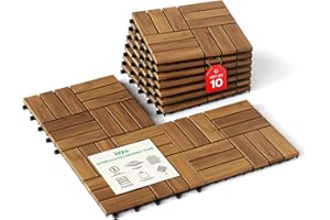 Idzo Interlocking Deck Tiles 9.6 SQFT - 10PCS Waterproof Acacia Wood Patio, Flooring Panels for Indoor and Outdoor - Decking Checker Pattern, 11.81 x 11.81 x 0.91 Inches, Golden