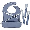 BUSY BABY Bungee Bib & Utensil Set – Adjustable Silicone Bib with Pocket & Tethered Utensils for Babies & Toddlers