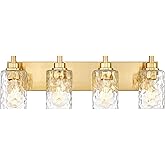 METWET 4-Light Bathroom Light Fixtures, 24.5 Inch Brushed Gold Vanity Lights with Clear Hammered Glass Cylinder Shade, Modern