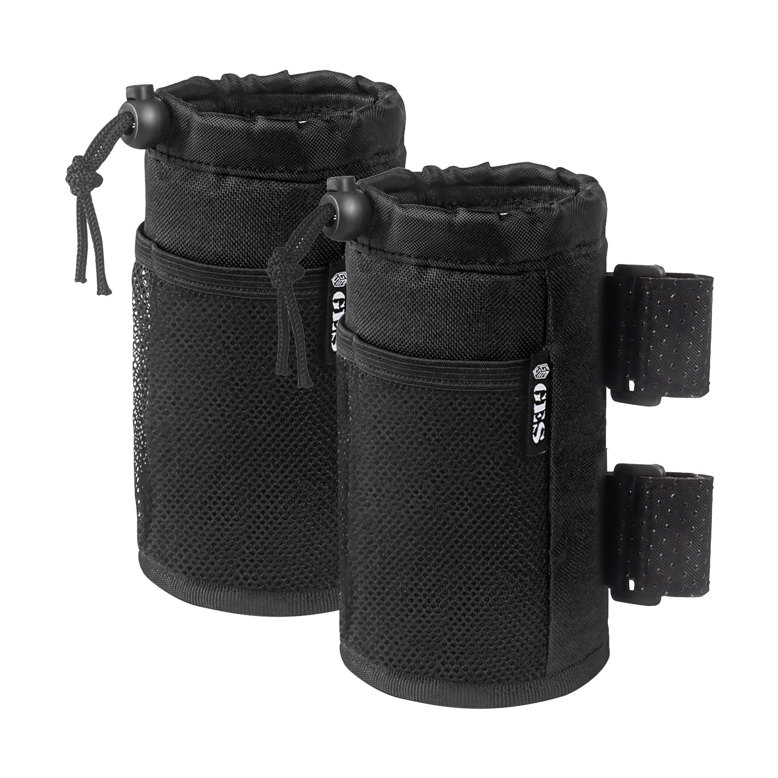 GES UTV Cup Holders, 2-Pack Bar Cup Holder for Stroller with Mesh Pocket and Cord Lock, Drink Holders Roll Bar Cup Holders for ATV, Stroller, Wheelchair, Scooter, Boat and Golf Cart (2 Pack Black)