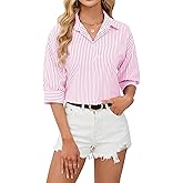 siliteelon Button Down Shirts for Women Striped Dress Shirts 3/4 Sleeve Wrinkle Free Casual Collared Blouse Office Work Shirt