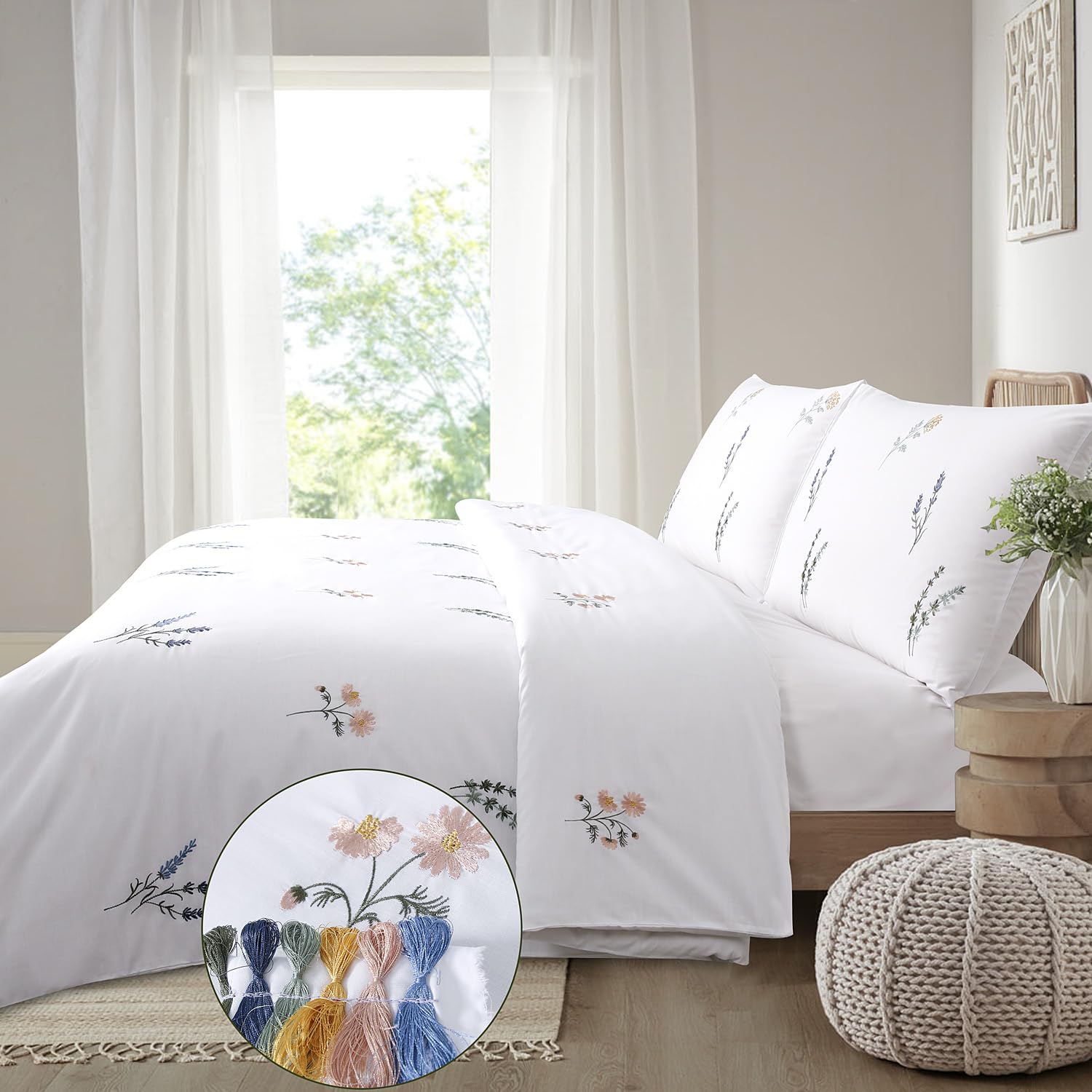 Floral Duvet Cover Set King White Embroidered Pink Flower Girls Mustard Yellow Blue Green Botanical Wildflower Fresh Spring Summer French Country โ image 1