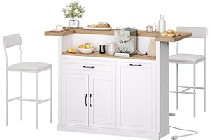 Homiflex Bar Table with Stools, 55" Kitchen Island with Storage, Breakfast Bar Table with Drop Leaf, Bar Height Table and Chairs, Mobile Storage Islands with Power Outlet, Off White