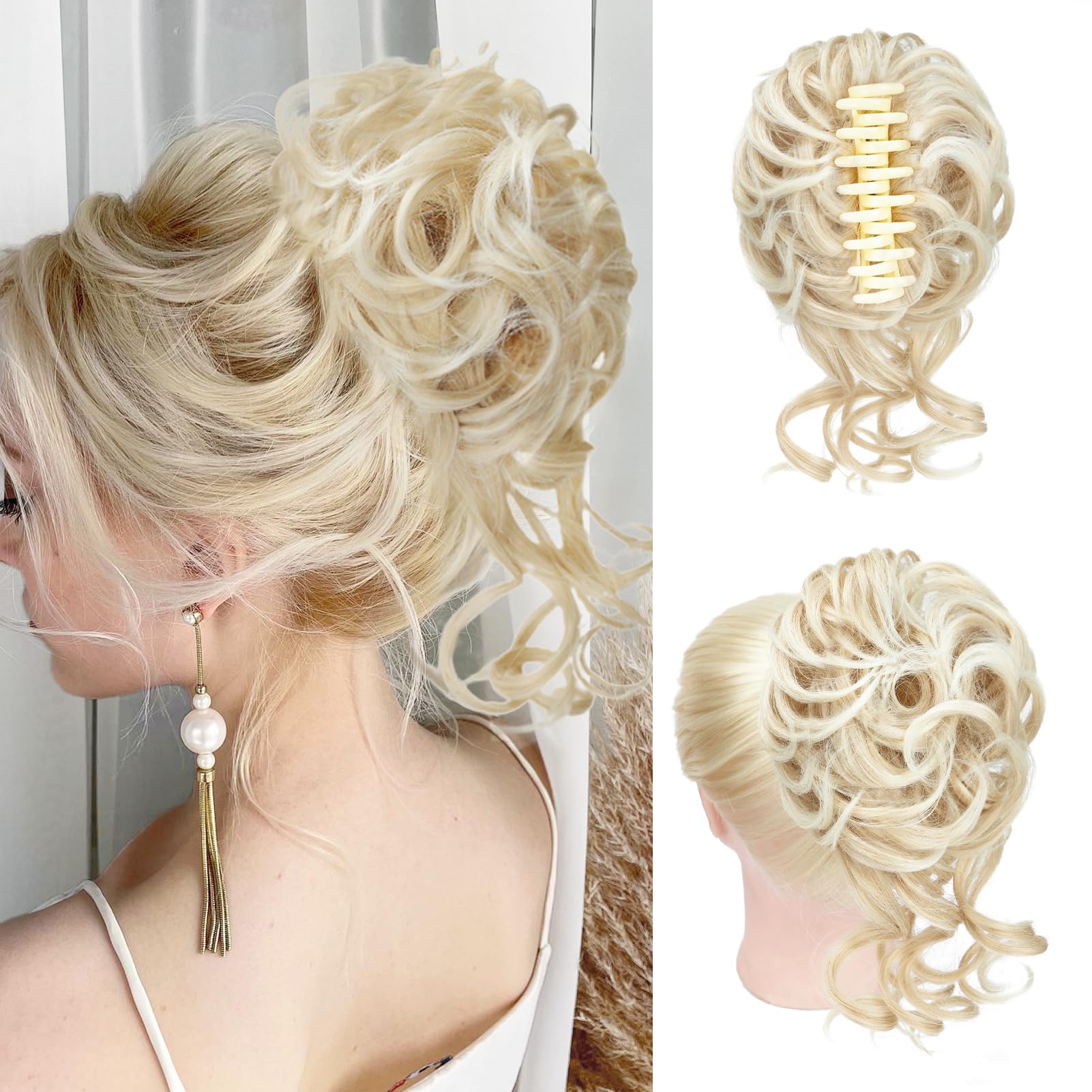 Photo 1 of Foaoit Messy Bun Hair Piece Claw Clip Bun Hair Accessories for Women Messy Wavy Curly Hair Bun Extensions Short Tousled Updo Synthetic Hair Bun Ponytail Extension (Pale Ash Blonde)