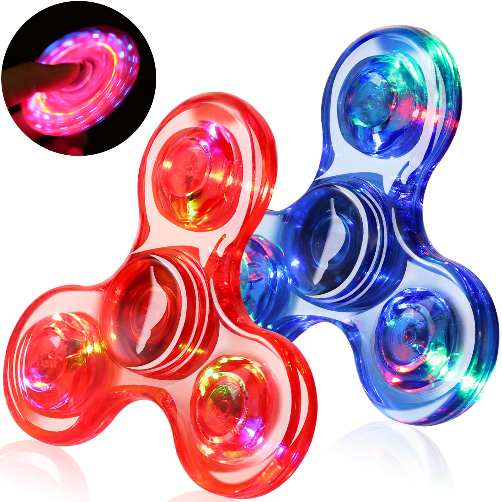 SCIONE 2PCS Crystal LED Light Fidget Spinner for Kids,Light Up Fidget Toys for Kids,Glow in The Dark Party Bag Fillers for Children Adults(Crystal- Blue and Red)