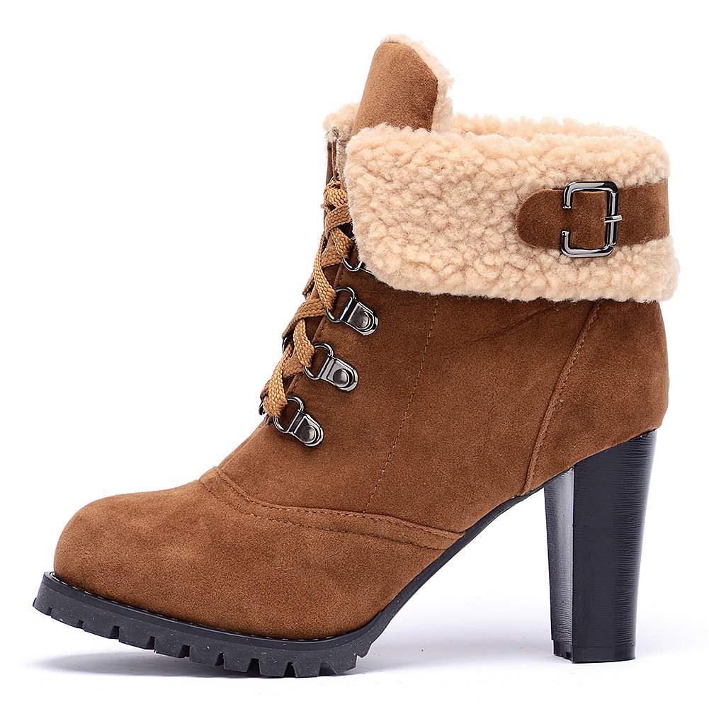 Odema Women's Suede Snow Boots Chunky High Heel Lace-up Ankle Boots Lightbrown - Image 4