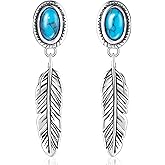 UYBNRK Turquoise Feather Earrings for Women 925 Sterling Silver Turquoise Earrings Dangle Boho Earrings Dangling Bohemian Vintage Native Western Jewelry Gifts