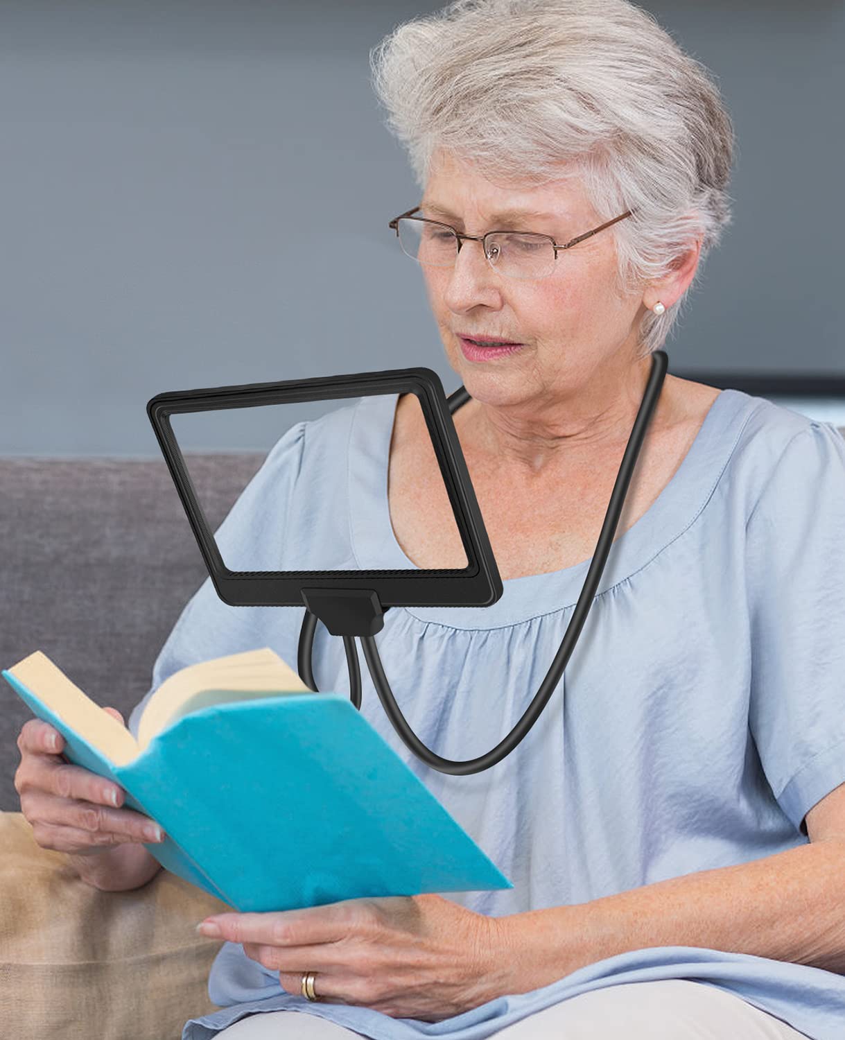 5X Hands Free Magnifying Glass Hanging neck, Flexible Gooseneck Full-Page Magnifying, 8"x5"Large Page Magnifier for Reading Small Prints & Low Vision Seniors with Aging Eyes