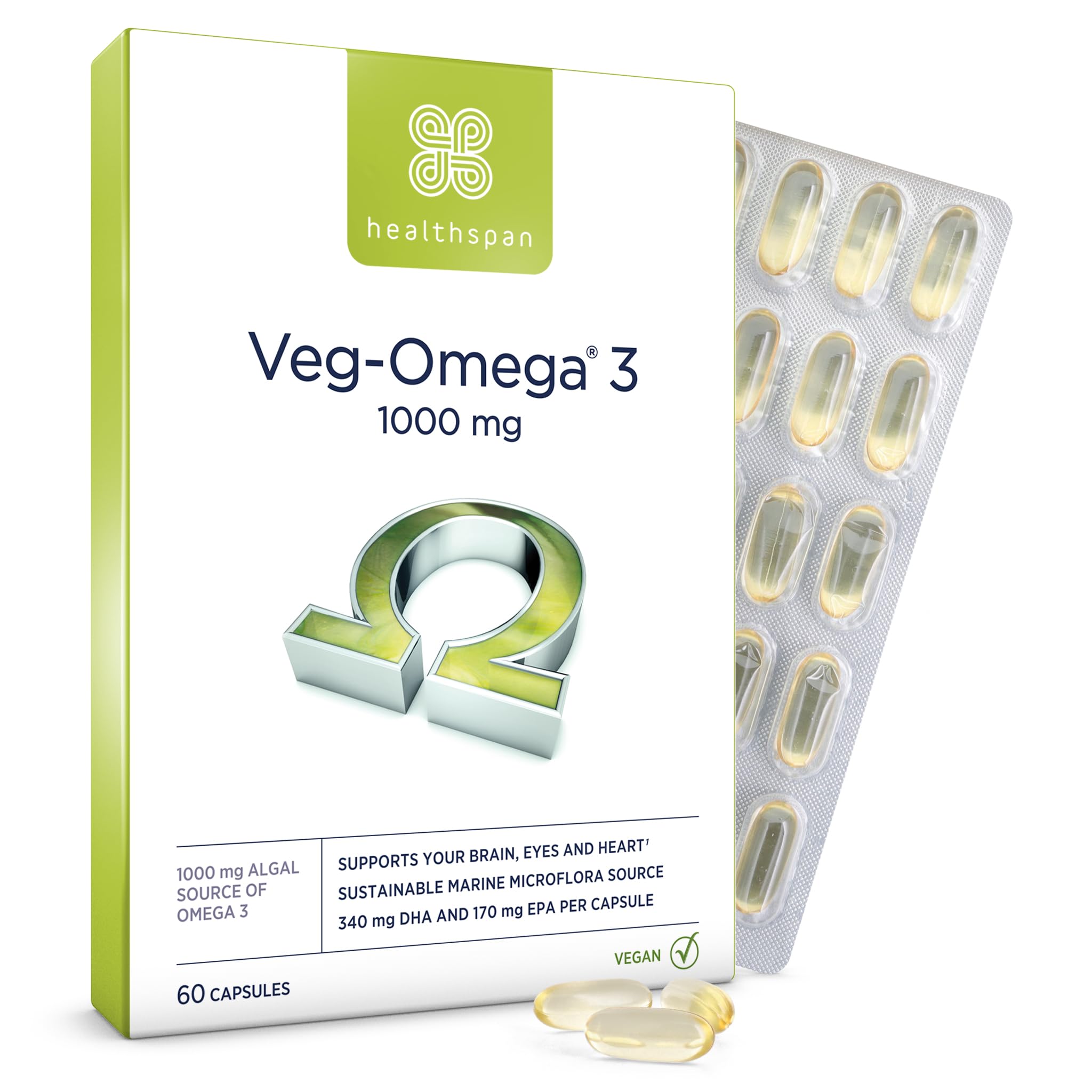 Healthspan Veg-Omega 3 1,000mg | 60 Capsules | Support Brain, Eye and Heart Health | Vegan Algal Source | No Fish | Omega 3 Fatty Acids DHA & EPA | Non-GMO | Vegan