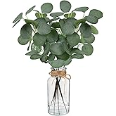 Artificial Eucalyptus Stems in Glass Vase 14" 6Pcs Faux Eucalyptus Branches Home Table Decor Fake Greenery Plants Stems for Farmhouse Wedding Centerpiece Bathroom Decorations