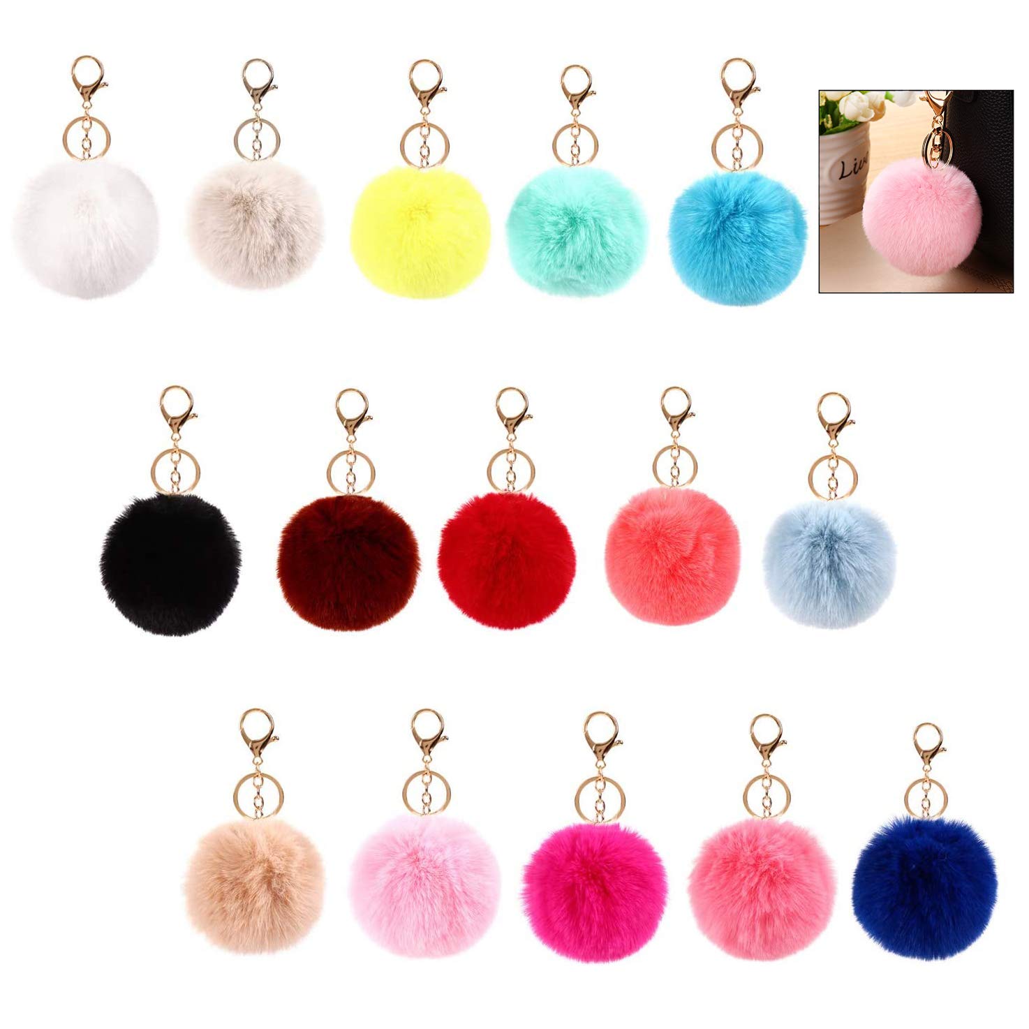 XLKJ 15 Pcs Pom Poms Plush Keyrings,Colorful Charm Keychain Ball for Women and Girls