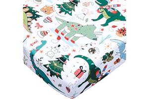 JISEN Baby Crib Sheet 1 Piece Portable Fitted Crib Sheet for Standard Crib and Toddler Mattresses Nursery Bed Decor for Boys Girls 28x52 Christmas Dinosaurs