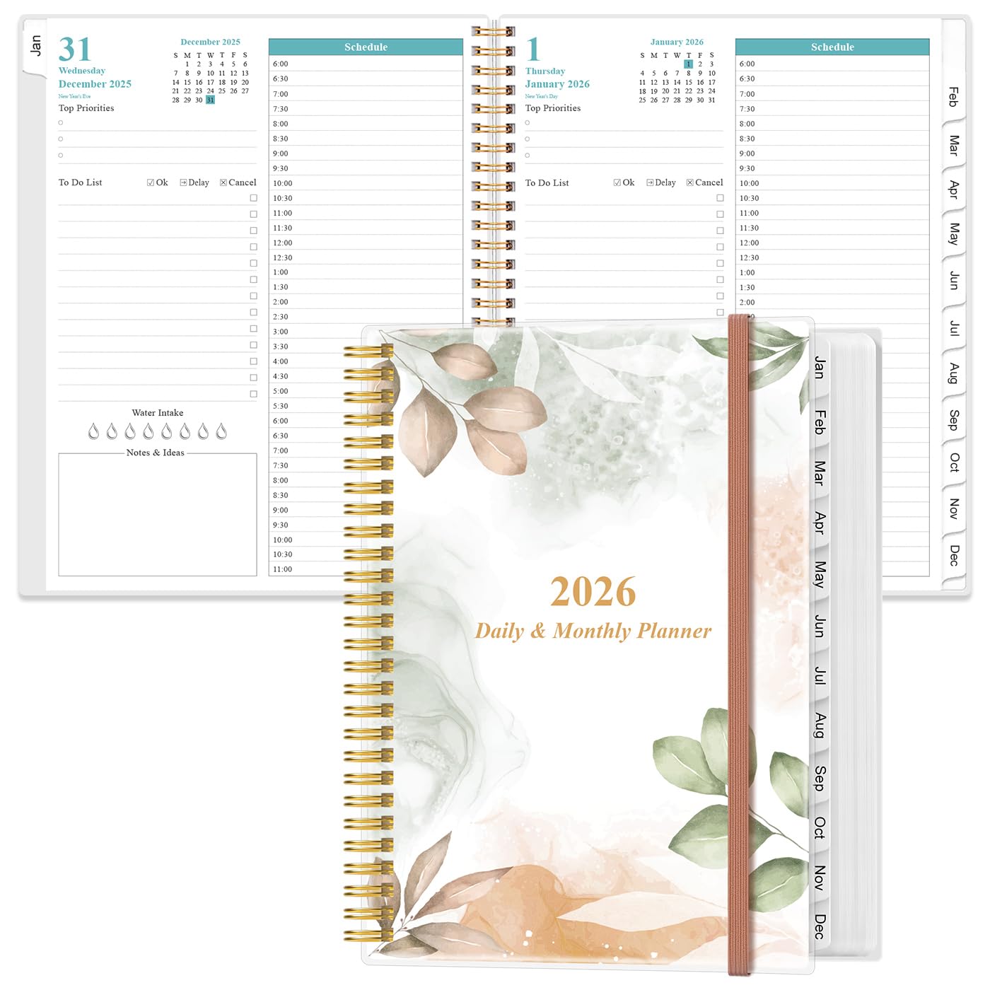 Photo 1 of 2026 Daily & Monthly Planner - One Page Per Day, Daily Planner from January 2026 - December 2026, Planner 2026 with 12 Monthly Tabs, 8.5" x 11", Rose Leaf