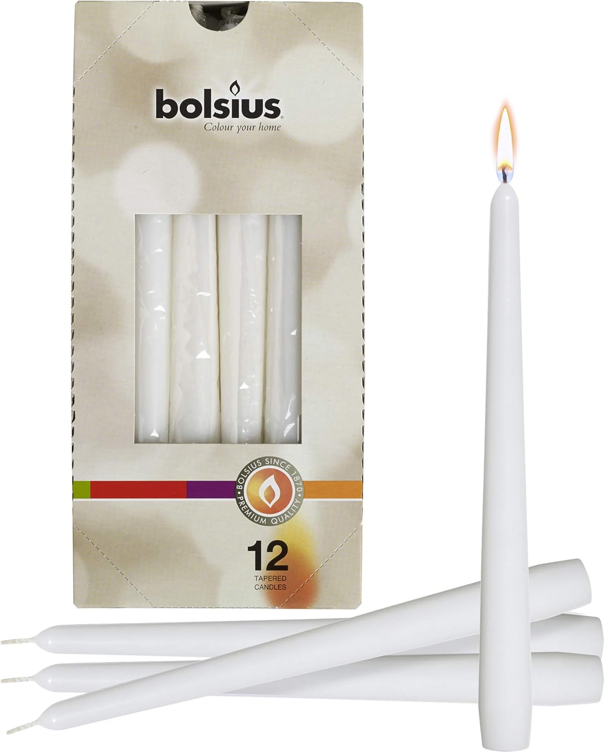 BOLSIUS Set of 12 White Unscented Drip Less Taper Candles- Clean Burning Smokeless Dinner Candles for Wedding & Home Decor Party Restaurant Spa Church- 10 Inch Individually Wrapped