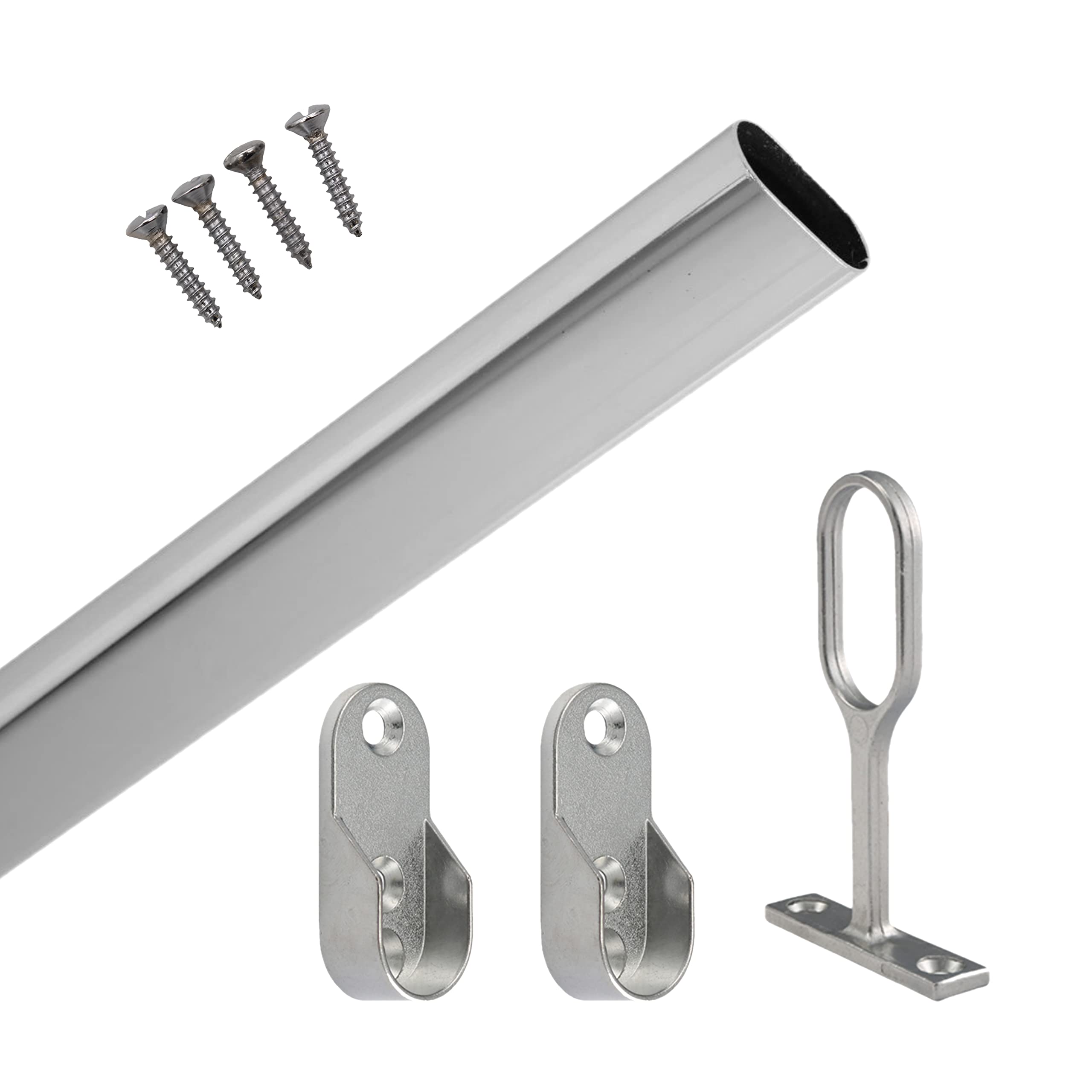 Wardobe Rail Kit Oval Tube And End Sockets 1200 x 32 x 16mm Polished Chrome (1)