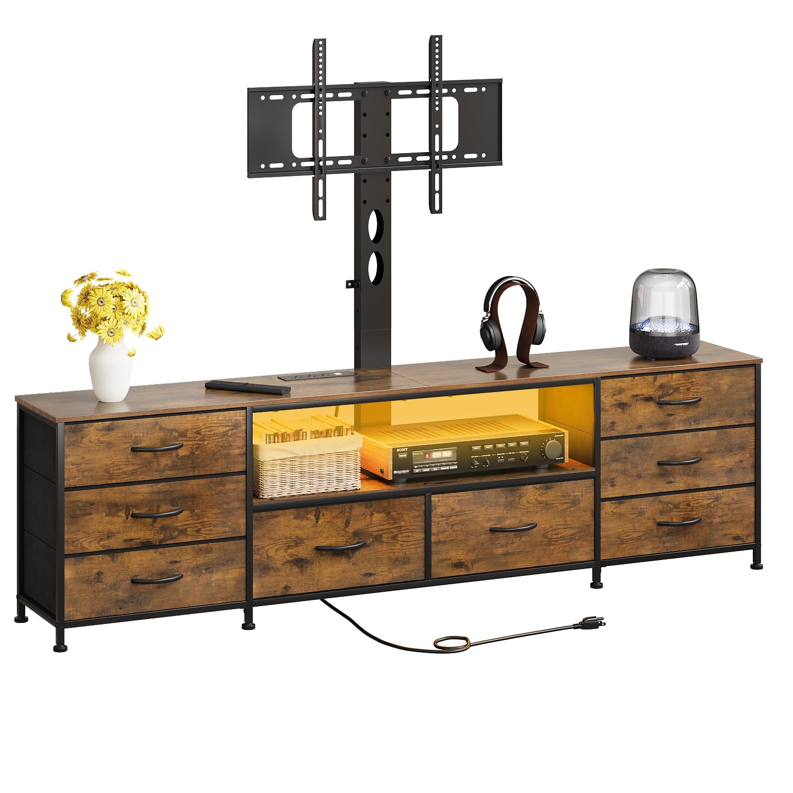 Photo 1 of Welfuturer TV Stand with Mount and Power Outlet FarmhouseTV Stand with 8 Fabric Drawers and LED Light Industrial Entertainment Center for TVs up to 80 Inches with Open Storage for Living Room