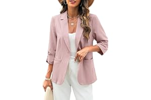 ELLEVEN Women's Linen Blazer 3/4 Ruched Sleeves, Lightweight Slim Fit Jackets with Pockets Half Lining