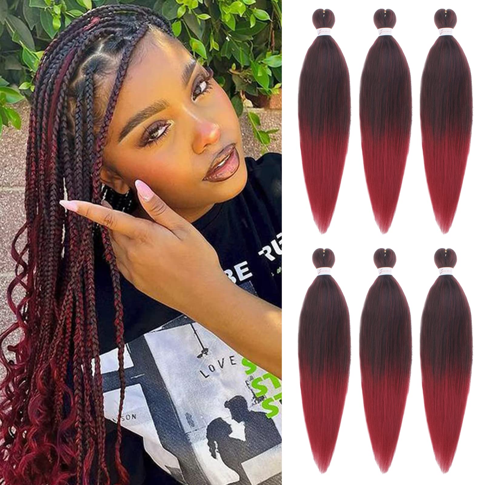 Samtress 16 Inch Pre Stretched Braiding Hair 6 Packs Ombre Burgundy Easy Braid Soft Yaki Texture Kanekalon Synthetic Braiding Hair Extensions for Women Hot Water Setting Crochet Braids (#1B/900) — image 1